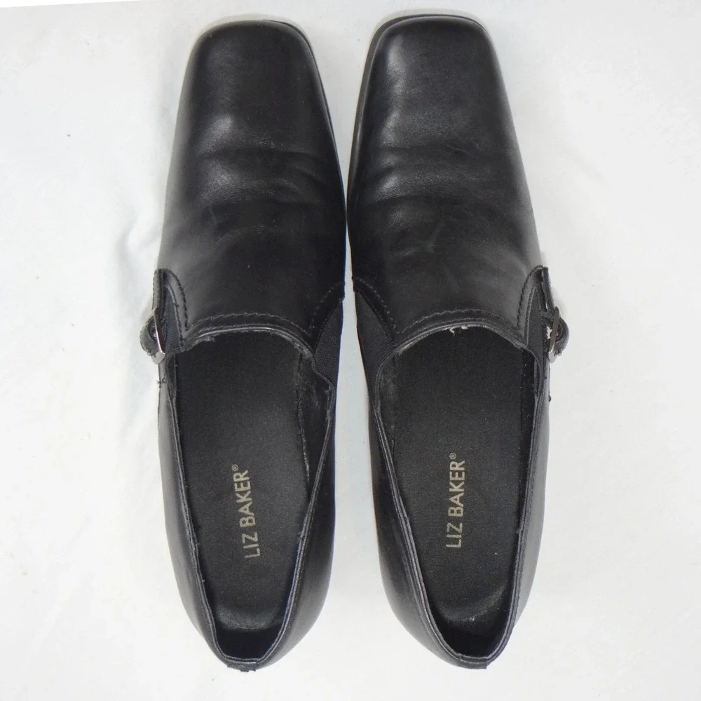 Liz Baker Black Leather Ankle Booties Block Heel Buckle‎ Slip On Women 7.5 M B